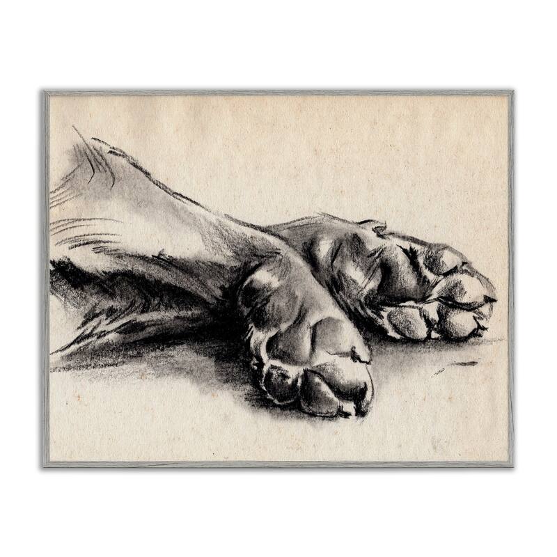 Stupell Dog Paw Charcoal Design Minimal Tan Black Framed Giclee Texturized Art by Jennifer Paxton Parker - 16 x 20 - Grey