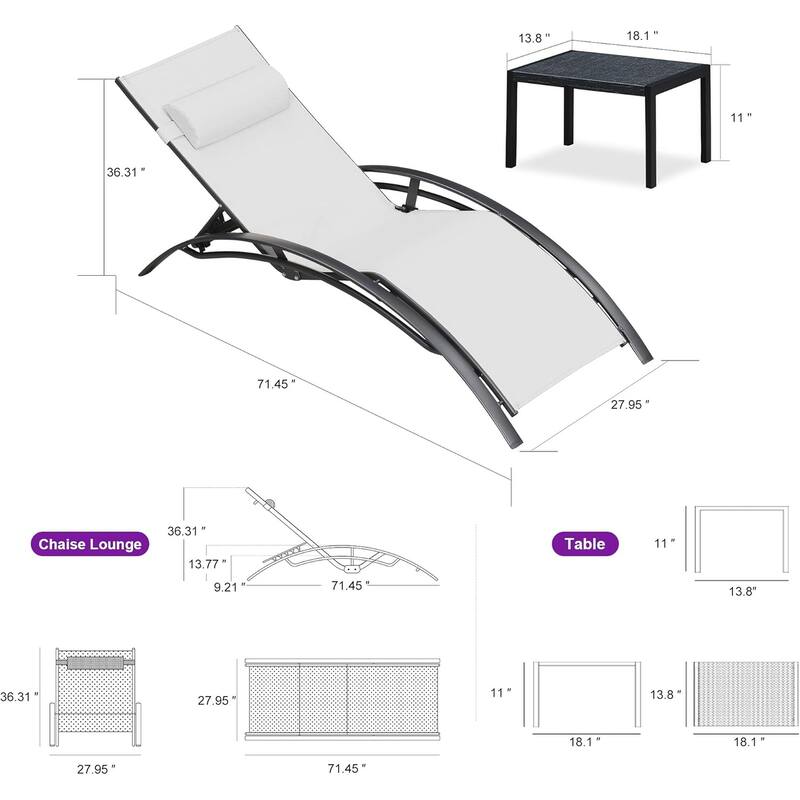 PURPLE LEAF Patio Chaise Lounge Set Outdoor Beach Pool Sunbathing Lawn Lounger Recliner Chair Side Table Included