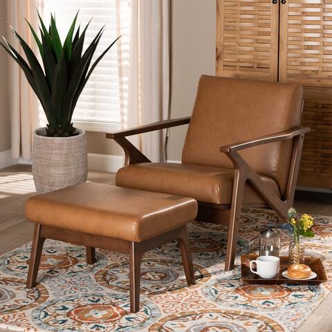 Bianca Mid-Century Faux Leather Lounge chair and Ottoman Set(2pcs) - Walnut