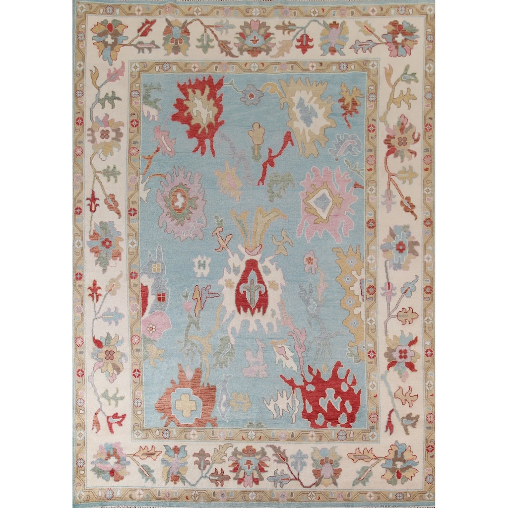 Light Blue Floral Oushak Rug Hand-Knotted Oriental Wool Carpet - 8'10"x 11'10"