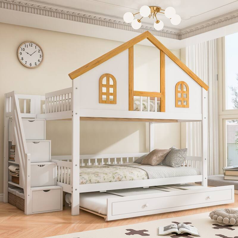Roomfitters Twin Over Twin/Full Over Full House Bunk Bed with Trundle, Storage Staircase and Roof, White and Natural - White+Natural - Full