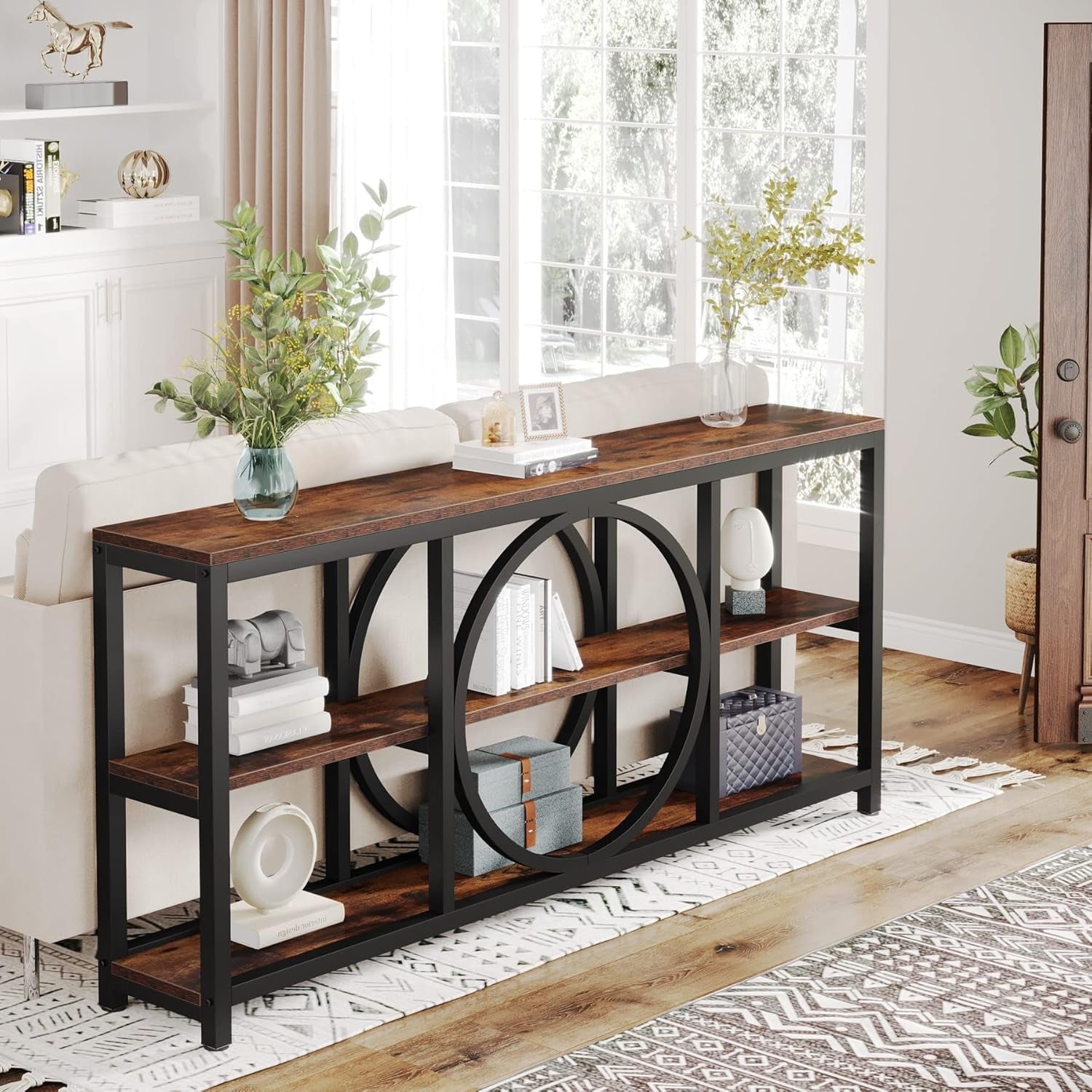 70.9" Rustic Industrial Extra Long 3-Tier Console Table with Unique Circular Frame