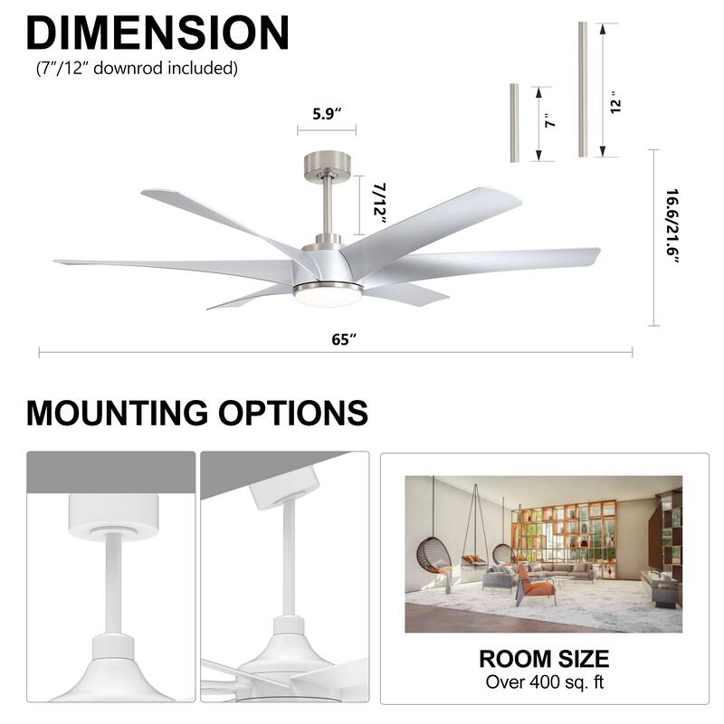 65-in Indoor Large LED Ceiling Fan with Light Remote (6-Blade)