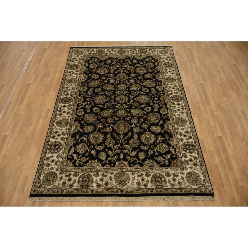 Hand Knotted Oriental 100% Wool Carpet Traditional All-Over Black Agra Area Rug - 9' 2'' X 6' 2''