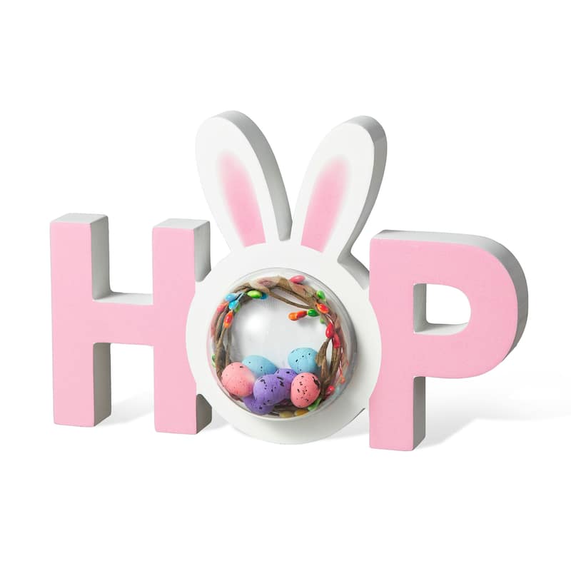 Glitzhome Wooden EASTER HOP Happy Easter with Artificial Rattan Table Sign Decor Centerpiece