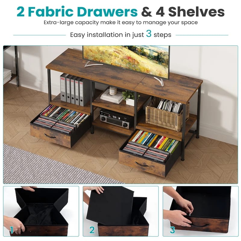 TV Stand with Fabric Drawers, TV - Entertainment Center and Industrial TV Console Table with Open Storage Shelves