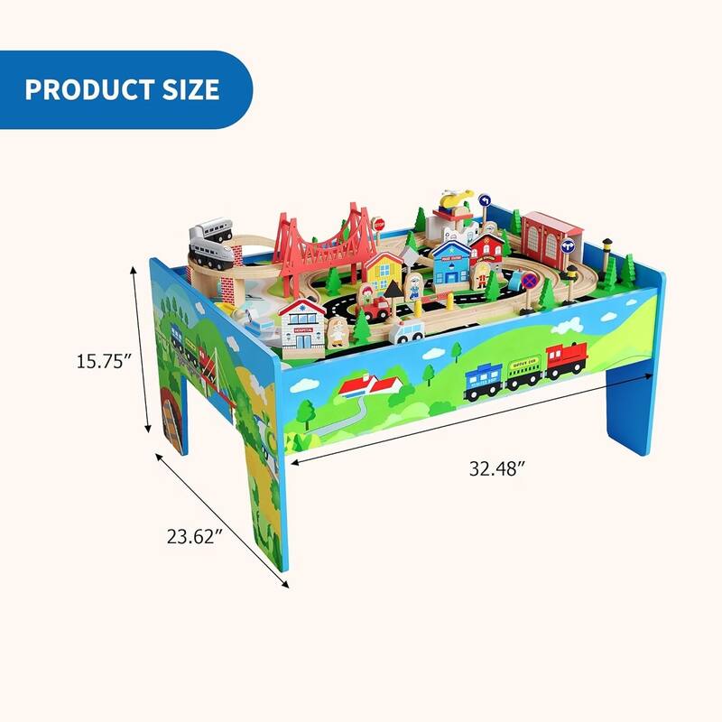 80 Pieces 4-in-1 Wooden Train Table, Activity Play Set for Toddlers & Kids
