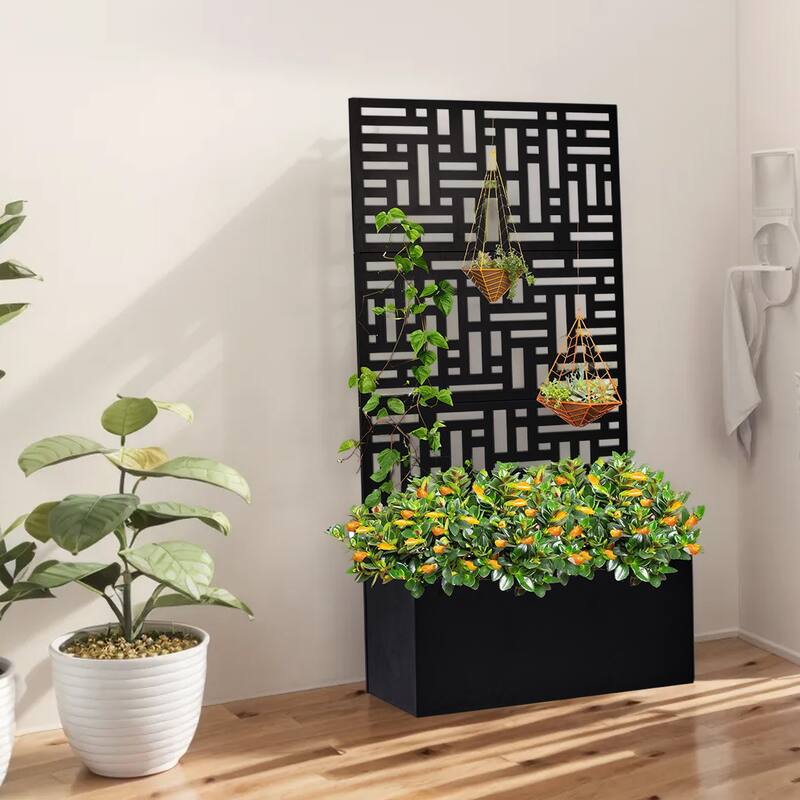 2-in-1 Black Metal Garden Planter Box with Trellis for Climbing Plants Flowers Vegetables or Patio - (35.8 x 16.1 x 70.5) in