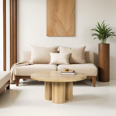 Hazel Coffee Table with 3 Pillar Legs, 35.5 Inch Round Top, Natural Brown Mango Wood