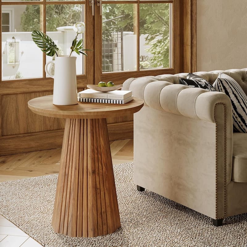 19-inch Farmhouse Solid Wood Small Round Pedestal Side/End Table with Fluted Base