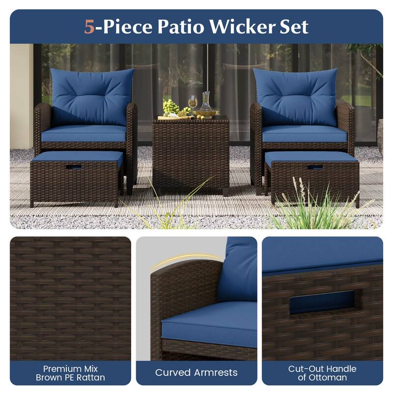 Costway 5 Piece Patio Rattan Furniture with 2 Ottomans & Tempered - See Details