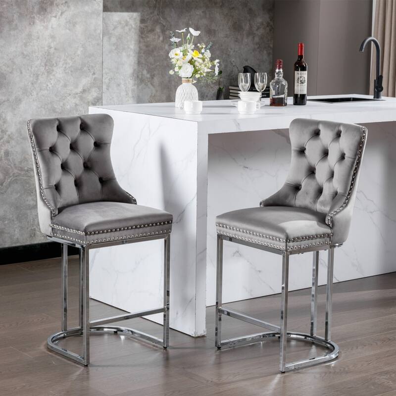 26" Counter Height Bar Stools Dining Chair with Sturdy Chromed Metal Base Legs Set of 2 - 20.30"L * 18.50"W * 39.40"H - Counter Height - Grey