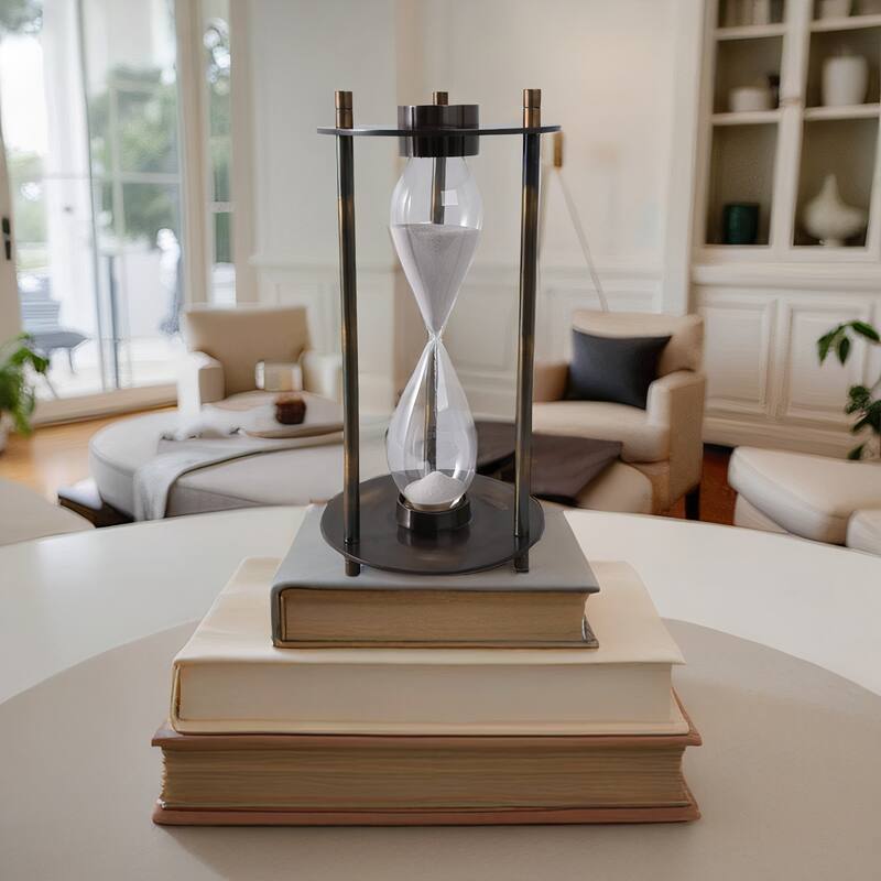 Modern Metal and Glass Hourglass Timer with Frame and Built-In Compass