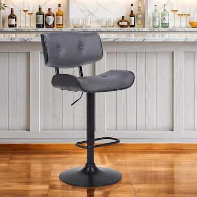 Grey and Black Full Backrest Swivel Bar Stool with Faux Leather Upholstery Seat and Footrest Lever Lift - 46”H x 20”W x 22”D