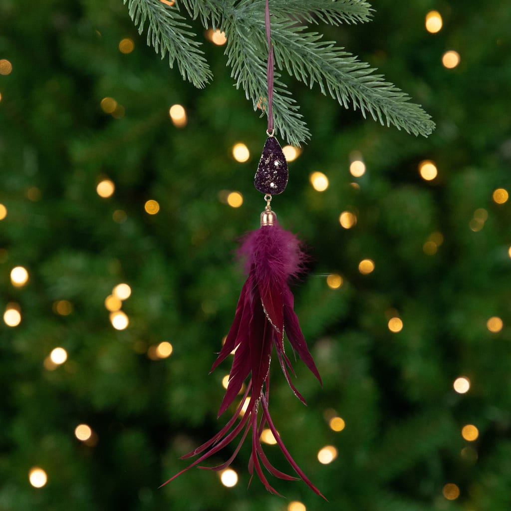 9" Plum Red Feather and Gemstone Pendant Christmas Ornament