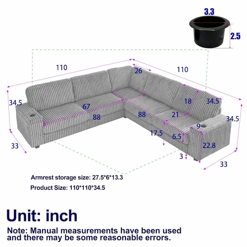 110" Oversized L-Shaped Corduroy Corner Sofa with Two USB Ports and Two Cup-holder