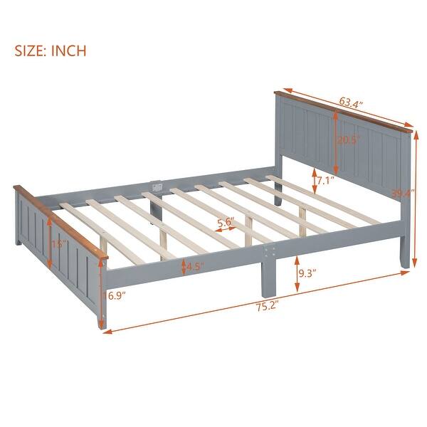 dimension image slide 0 of 2, Queen Size Wood Platform Bed Wooden Slat Support, Vintage Simple Bed Frame with Rectangular Headboard and Footboard, Grey