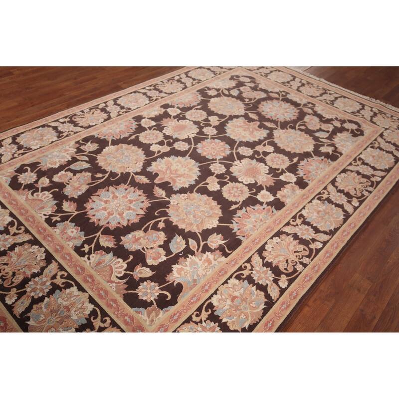 All-Over Brown Floral Kashan Turkish Area Rug Machine Made Carpet - 6'5" x 9'9"