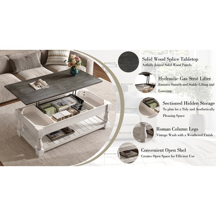 Farmhouse 47.24" Lift Top Coffee Table with Storage Trays Handcrafted Solid Wood for Stylish Living Room Storage