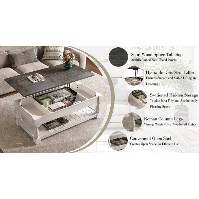 Farmhouse Lift Top Coffee Table with Fixed Shelf - 3 Hidden Storage Trays, Handcrafted Solid Wood Splice Tabletop