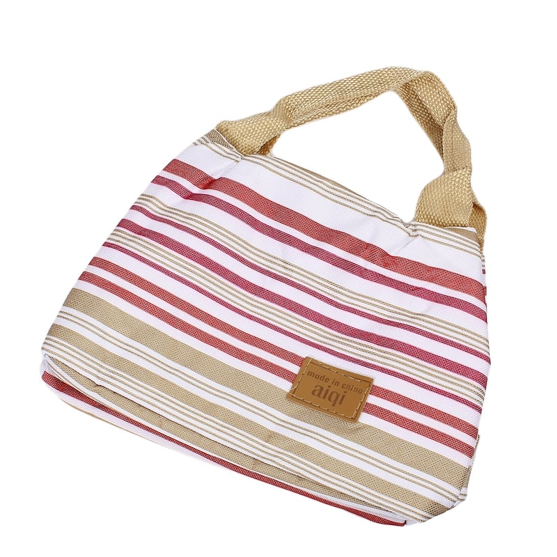 Canvas Picnic Lunch Drink Thermal Insulated Cooler Tote Storage Bag Brown Stripe - White,Fuchsia