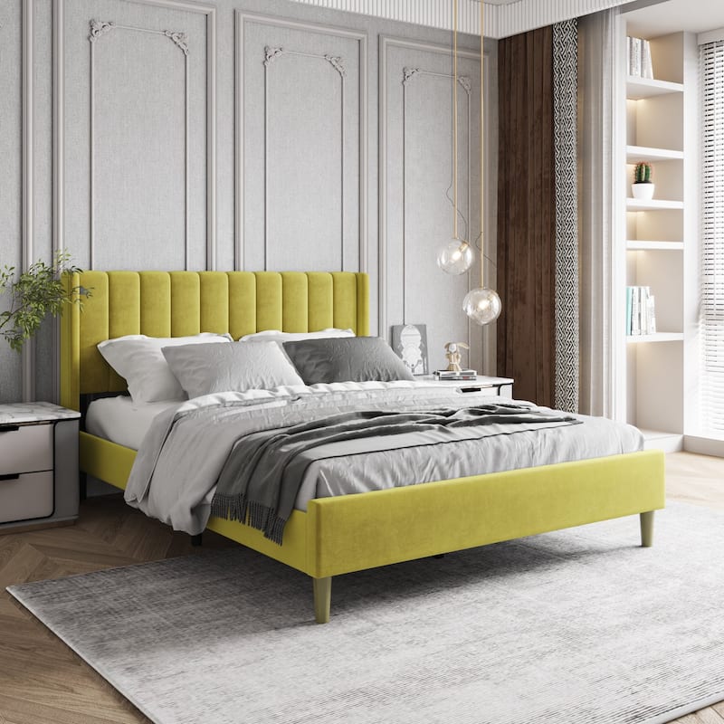 Aufank Bed Frame Upholstered Platform with Wooden Slats, Noise-Free