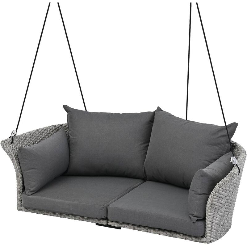 Roomfitters 2-Person Hanging Seat, Rattan Woven Swing Chair, Porch Swing with Ropes, Gray Wicker and Cushion