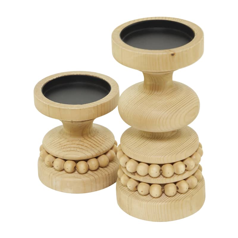 Wood Beaded Pillar Candle Holder - Set of 2 Brown or White - Roche River Decor