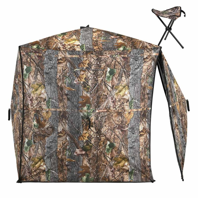 Moasis Hunting Blind 2-3 Person with Hunting Stool, 360 Degree See Through Pop up Ground Blinds for Hunting - Brown with 1 Chair