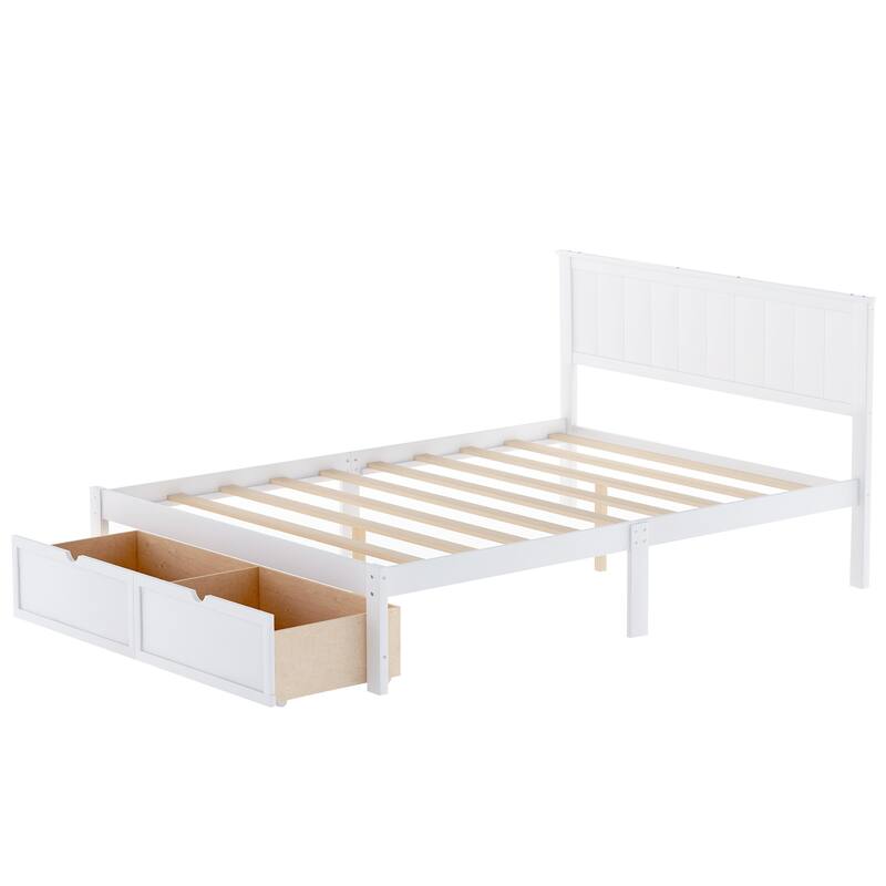 White Full Size Platform Bed with Under-bed Storage Drawers and Solid Pine Frame