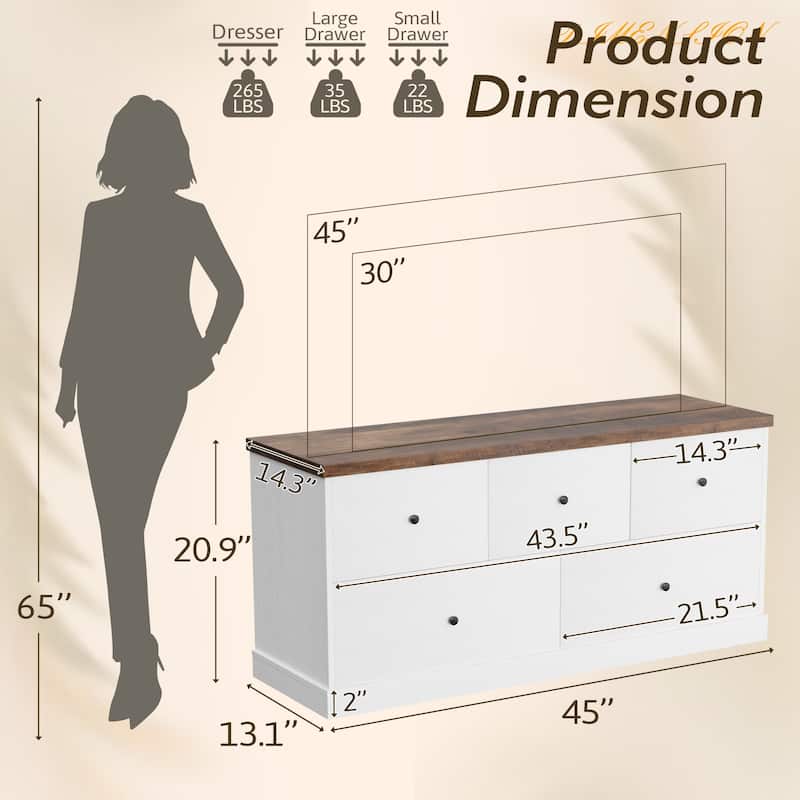 Furniwell 5 Drawers Dresser 45" TV Stand Cabinet Organizer Modern Wood Chest for Bedroom Living Room