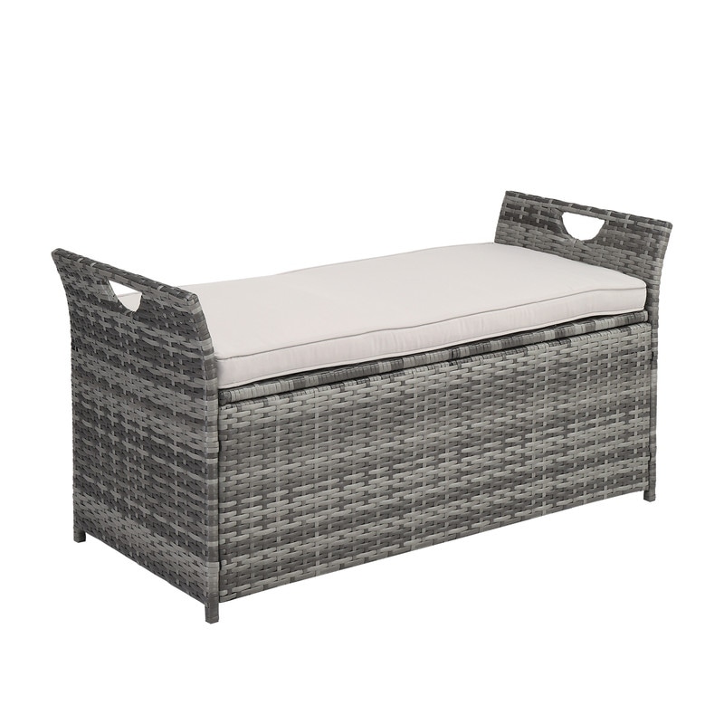 Patio Garden Brown PE Rattan Wicker Storage Bench with Cushion