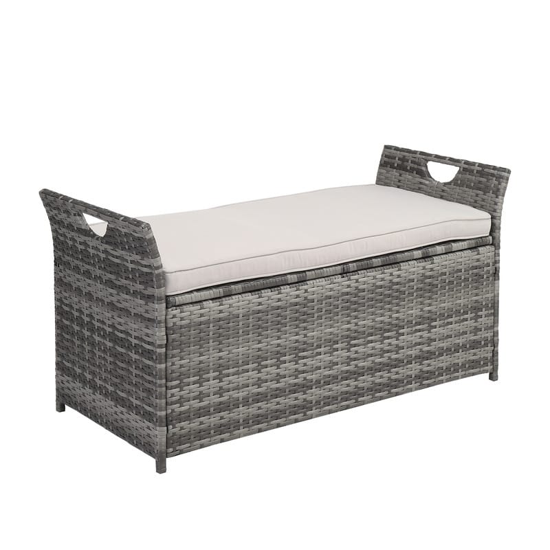 Patio Garden Brown PE Rattan Wicker Storage Bench with Cushion - Grey