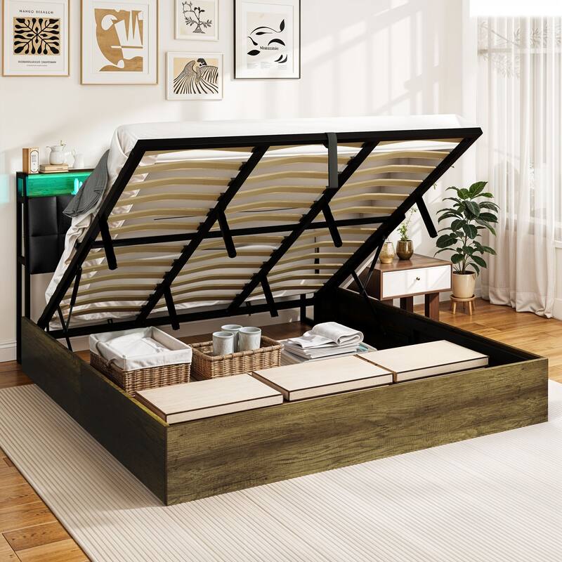 Moasis Lift-Up Storage Bed Frame with Charging Station & Storage Headboard - Black With LED - King