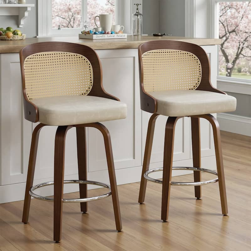 26" Upholstered Swivel Counter & Bar Stool with Rattan Back - 37.4"H x 19.09"W x 19.88"D
