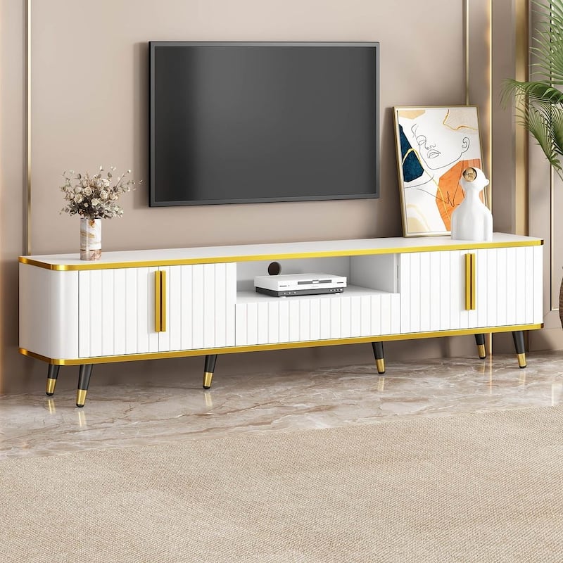 78.8" Luxury Minimalism TV Stand with Storage Shelves and Unique Gold Legs - White/Black