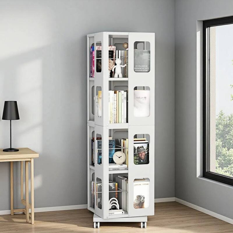 Rotating Bookshelf Tower 4 Tier All-Steel with 360° Wheels，Moveable Storage Rack Corner Bookshelf
