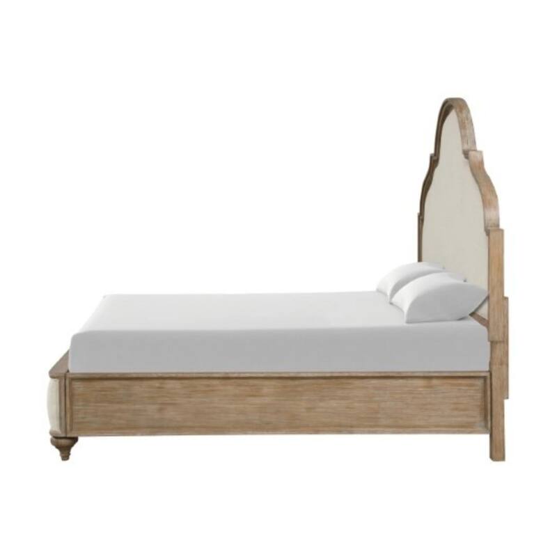 Lyla King Bed, Scalloped Ivory Upholstery, Rustic Oak Solid Wood