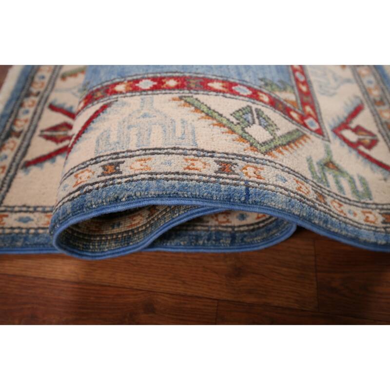 Light Blue Kazak Accent Rug Handmade Oriental Wool Carpet - 2'7" x 4'0"