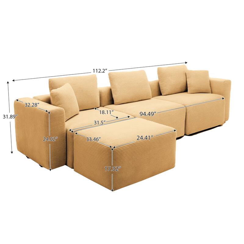Corduroy Sectional Modular Sofa with Square Arms & Ottoman Extension for Flexible Arrangements