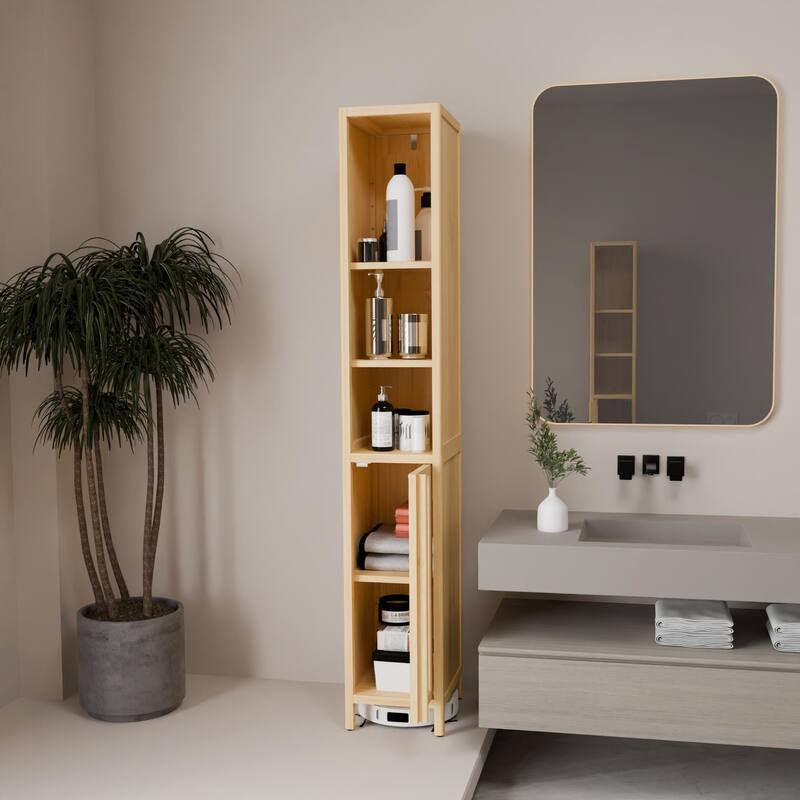 Anmytek Natural Bamboo Slim Tall Bathroom Storage Cabinet, Large Capacity Narrow Organizer with Open Shelves