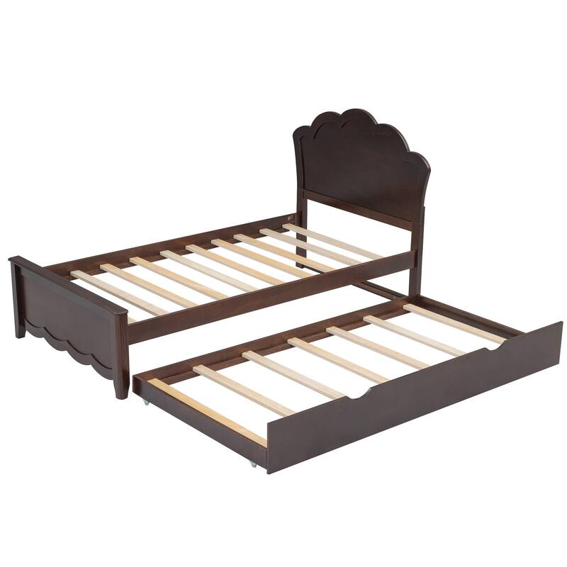 Single Bed Wood Platform Bed with Wave Shape Headboard and Footboard, Twin Size Trundle Bed Underneath No Box Spring Needed