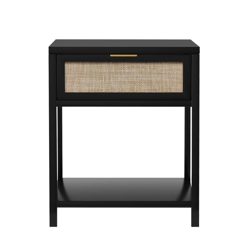 Anmytek 24" H Mid-Century Modern Wood Nightstand End Table with Storage Drawer and Open Shelf Rattan Bedside Table