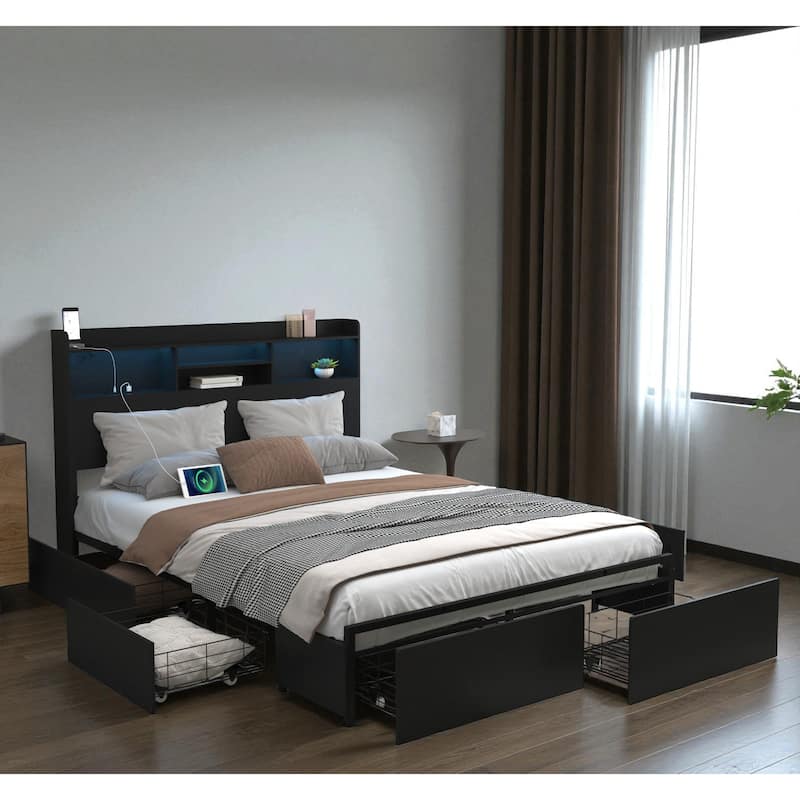Bed Frame with 6 Storage Drawers, LED Headboard Shelf, Fast Charging Station, Heavy Duty Metal Platform No Box Spring Needed