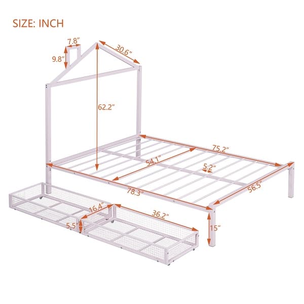 dimension image slide 2 of 6, Metal Platform Bed with two drawers, House-Shaped Headboard Design for Kids, Boys and Girls
