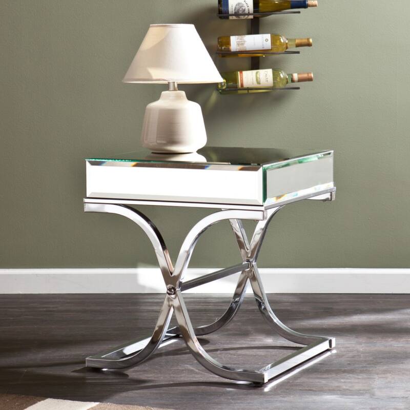 22" Square Silver Mirrored Glass End Table with Cross Legs and Chrome Finish for Living Room - 22.25”H x 20.5”W x 20.5”D