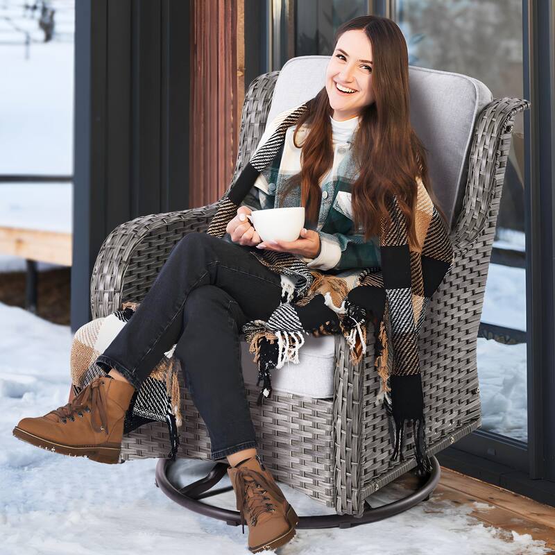 OVIOS 9-piece Patio Wicker Swivel Rocking Chair Set With Fire Pit