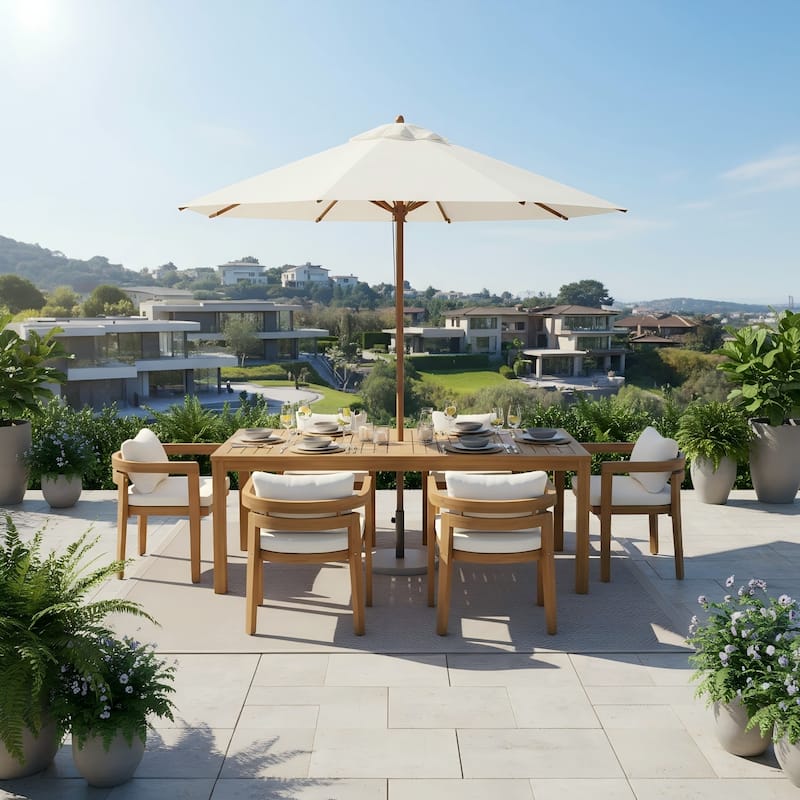 Christopher Knight Home - Solid Acacia Wood Outdoor Patio Dining 5/7-Piece Set with Cushions & Umbrella Hole