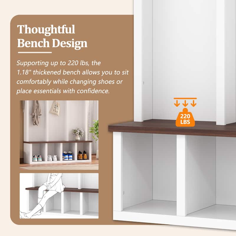Farmhouse Hall Tree with Storage Bench & Shoe Cabinet, Arched Entryway Organizer with 5 Hooks and 7 Cubbies, Walnut Finish