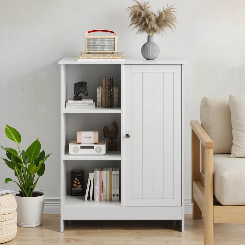 White Freestanding Storage Cabinet – Bathroom & Kitchen Organizer with 1 Cabinet, 3 Open Shelves & Adjustable Compartments‌ - White